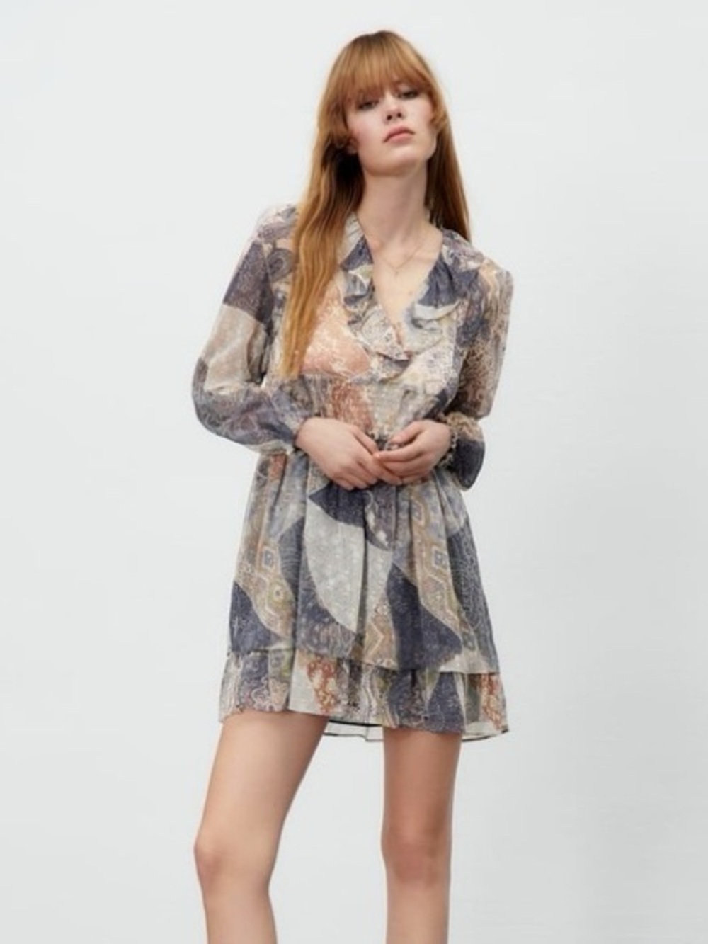 Zara Patchwork Print Ruffle V-Neck Mini Dress in Navy and Beige